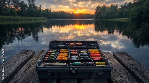 Lures neatly arranged in a tackle box against a stunning lakeside sunset view