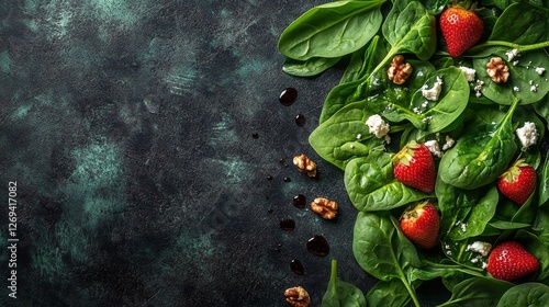 Fresh spinach salad topped with strawberries and walnuts served in a bowl on ...