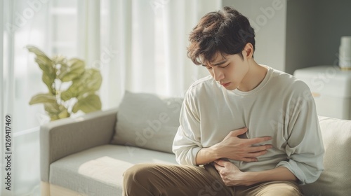 Person Holding Stomach with Uncomfortable Expression photo