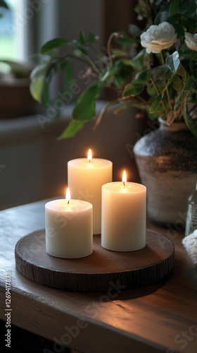 Warm glow of candles on a rustic wooden table in a cozy living room setting