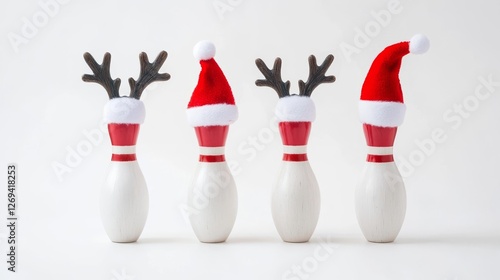 Festive bowling pins decorated with Santa hats and reindeer antlers for holiday fun
