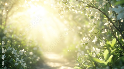 Serene forest pathway illuminated by golden sunlight in the early evening
