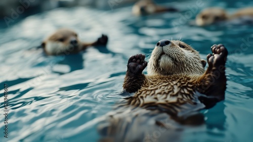 A playful family of otters floats together in peaceful harmony on a calm river, their whiskered faces projecting curiosity and joy. photo