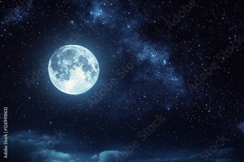 Stunning full moon shining brightly in a starry night sky over dark clouds