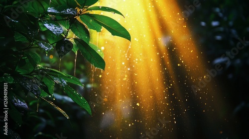 Sunlight filtering through leaves creates a golden beam in the lush green for...