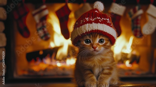 Adorable orange kitten wearing a festive hat sits by a warm fireplace decorat...