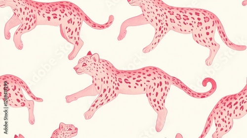 Pink Leopards Leaping Gracefully Across White Background