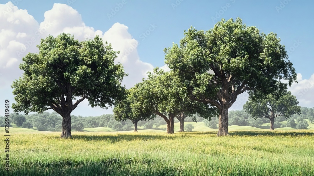 Lush green trees stand tall in a sunny meadow under a clear blue sky with fluffy white clouds Lush green trees stand tall in a sunny meadow under a clear blue sky with fluffy white clouds