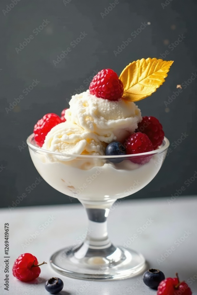 Sleek glass bowl filled with creamy white ice cream topped with edible gold leaf and fresh berries, fancy, ice cream