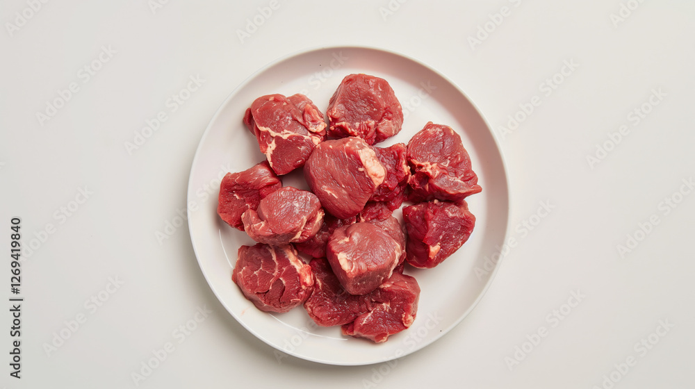 Freshly cut pieces of raw meat arranged on a white plate ready for cooking in a modern kitchen setting. Freshly cut pieces of raw meat arranged on a white plate ready for cooking in a modern kitchen setting.