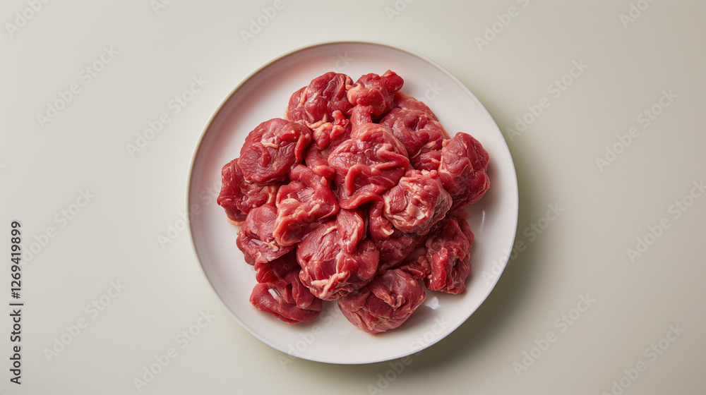 Freshly prepared raw beef slices presented on a clean white plate ready for cooking and meal preparation. Freshly prepared raw beef slices presented on a clean white plate ready for cooking and meal preparation.