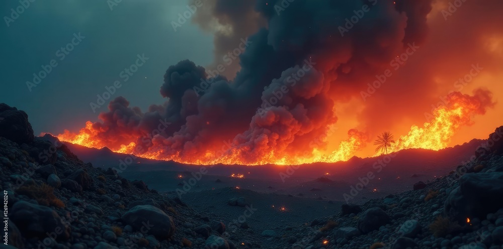 Fototapeta premium Smoldering landscape with flames rising from the ground, apocalyptic smoke fire, ash