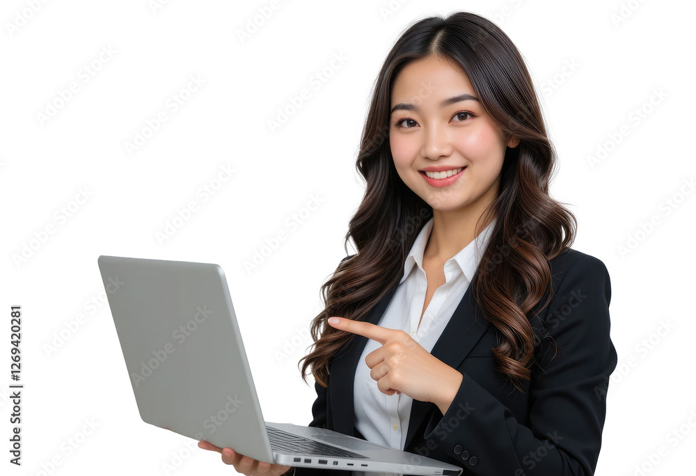 businesswoman with a laptop and pointing at copy space on transparent PNG background. businesswoman with a laptop and pointing at copy space on transparent PNG background.
