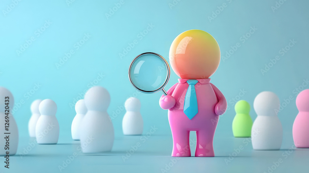 Human resources colorful character holding magnifying glass stands out among white figures, symbolizing analysis and observation in minimalist business concept. Search job