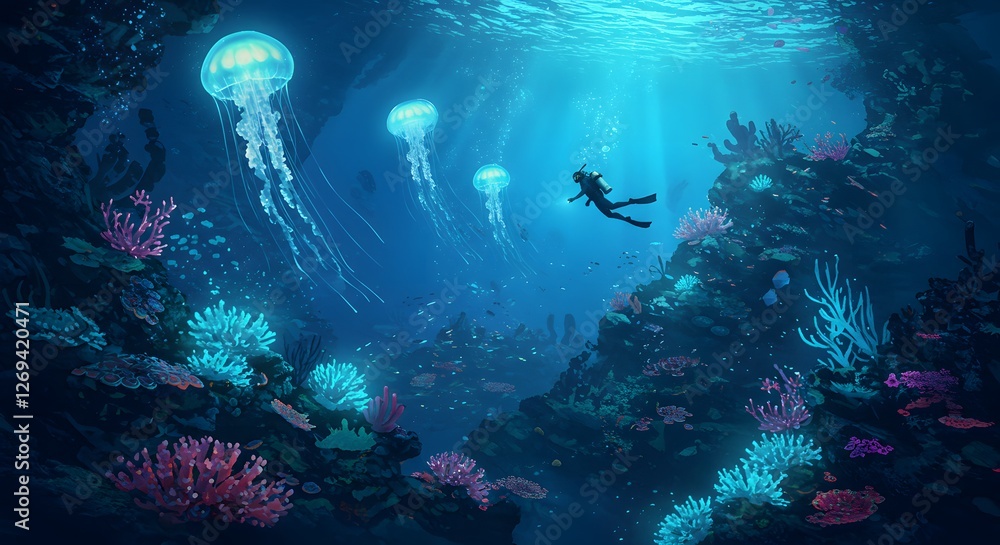 Exploring Underwater World with Jellyfish and Scuba Diver in Coral Reef Exploring Underwater World with Jellyfish and Scuba Diver in Coral Reef
