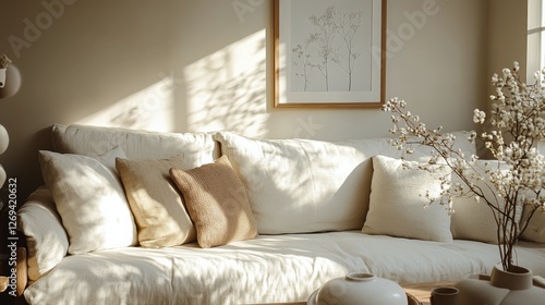 Cozy living room featuring a white sofa with pillows and nautical wall art in...