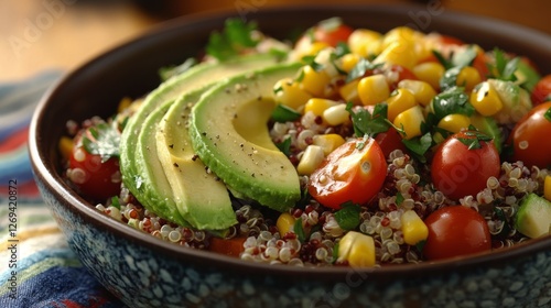 Vibrant avocado and veggies on a bright yellow background highlight fresh pro...