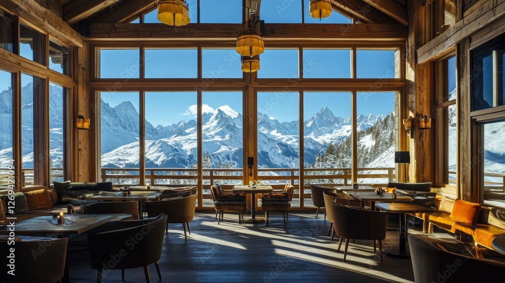 Fototapeta premium Restaurant interior with stunning snow mountain view.