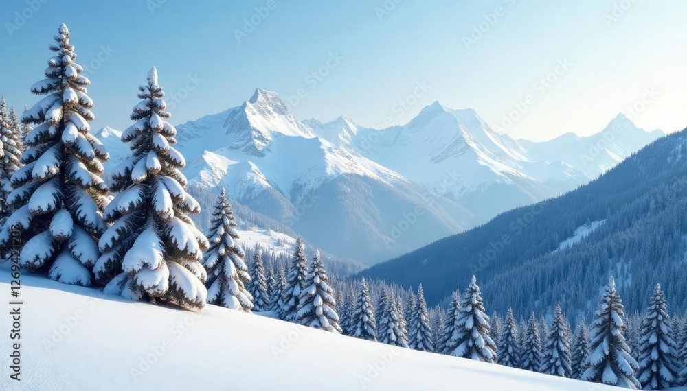 Fototapeta premium Snow covered pine trees gently swaying in winter wind, serene mountains, pine