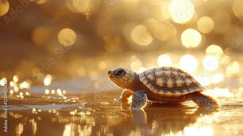 Baby turtle crawls towards the ocean during golden hour reflecting sunlight o...