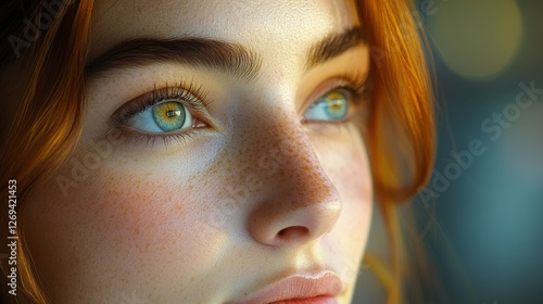 Young woman relaxed with natural light casting shadows on her face in a cozy ...