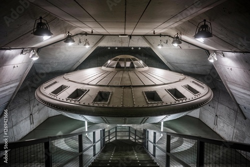 Fototapeta Naklejka Na Ścianę i Meble -  Unusual spaceship model displayed in a modern concrete museum environment