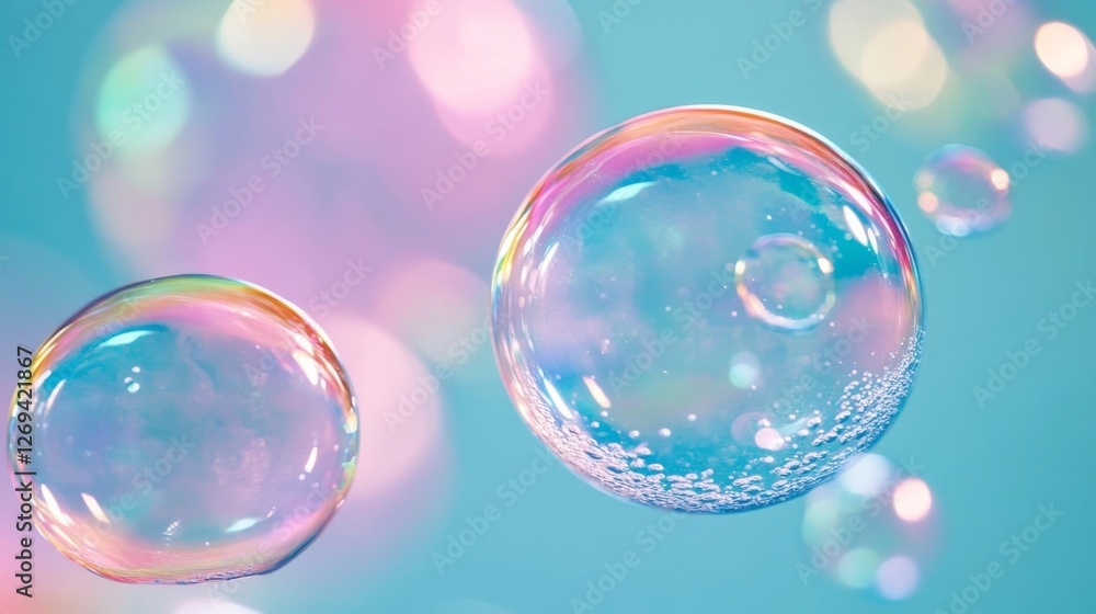 Colorful soap bubbles floating against a vibrant pastel background in soft daylight Colorful soap bubbles floating against a vibrant pastel background in soft daylight