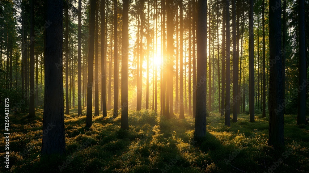 Obraz premium A panoramic view of an autumn forest with tall trees and vibrant leaves, showcasing the beauty of nature in its changing seasons