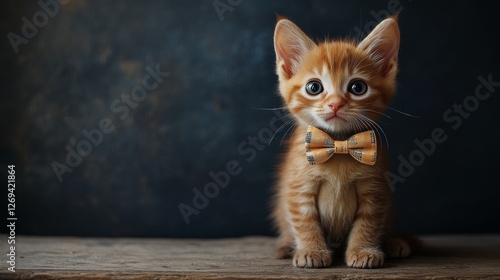 Cute tabby kitten wearing a bow tie poses adorably on a wooden surface agains...