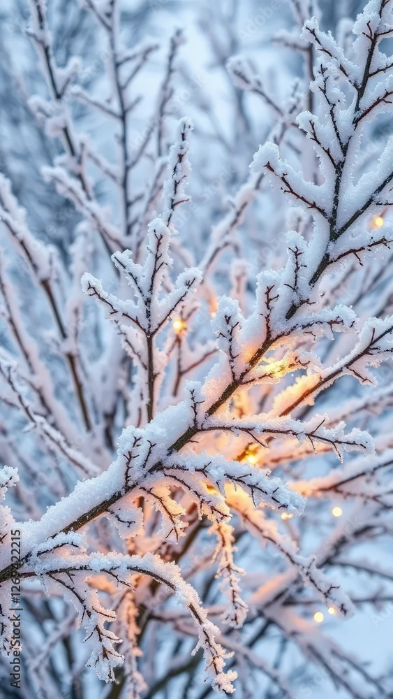 Frosty branches wrapped with sparkling garland, snow, winter Frosty branches wrapped with sparkling garland, snow, winter