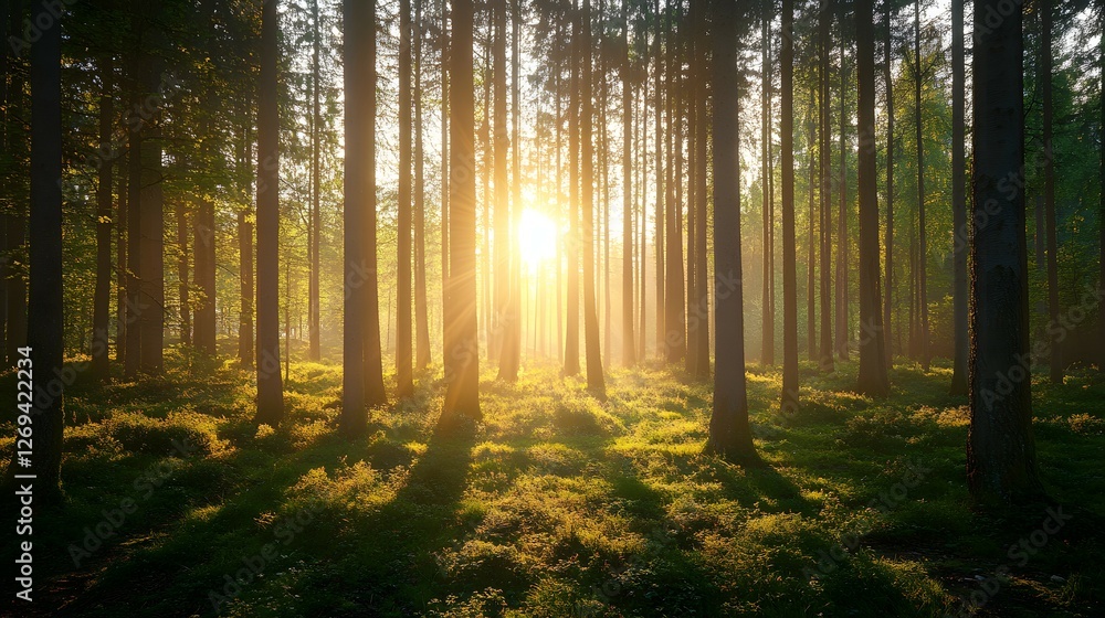 Obraz premium A panoramic view of an autumn forest with tall trees and vibrant leaves, showcasing the beauty of nature in its changing seasons