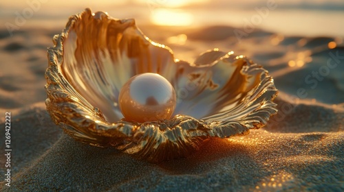 Shimmering pearl resting in a golden shell on the sandy beach at sunset