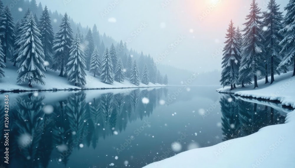 Fototapeta premium Snowflakes gently fall on a frozen lake and surrounding trees, peaceful, icy, nature