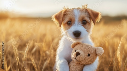 Adorable puppy holding teddy bear in a golden field at sunset