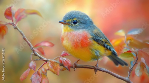 Colorful songbird perched on a branch surrounded by autumn leaves in a serene...