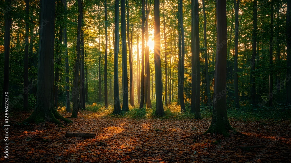 Obraz premium A panoramic view of an autumn forest with tall trees and vibrant leaves, showcasing the beauty of nature in its changing seasons