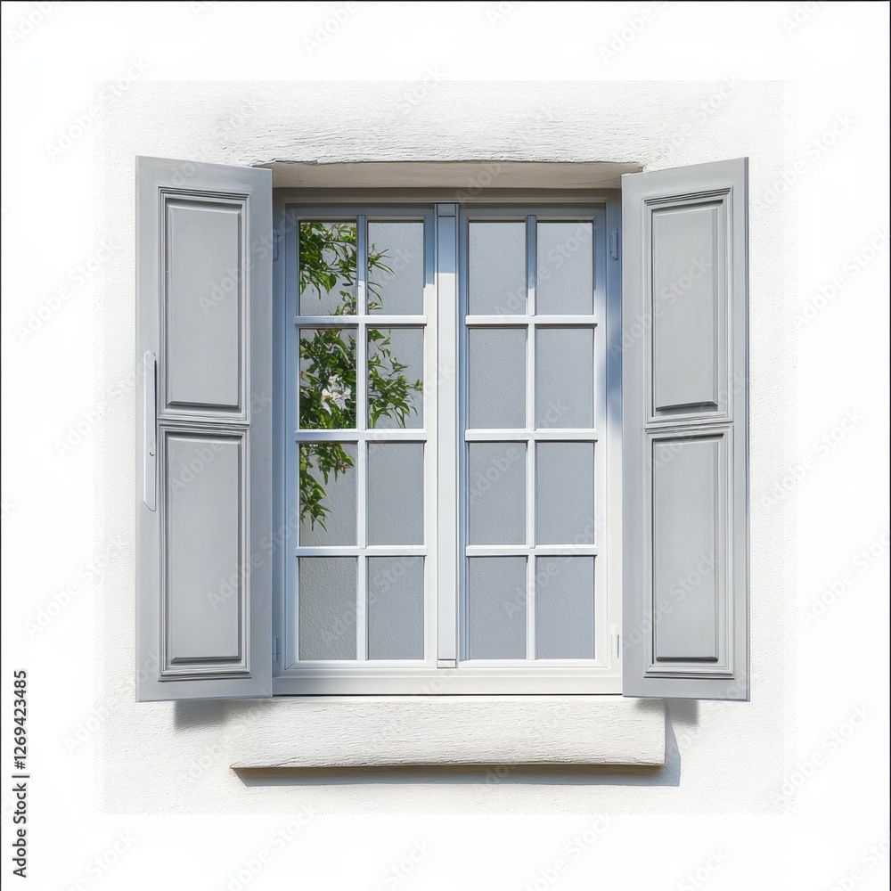 A beautiful gray window with open shutters showcases a view of delicate foliage reflecting in the glass, set against a white wall. A beautiful gray window with open shutters showcases a view of delicate foliage reflecting in the glass, set against a white wall.