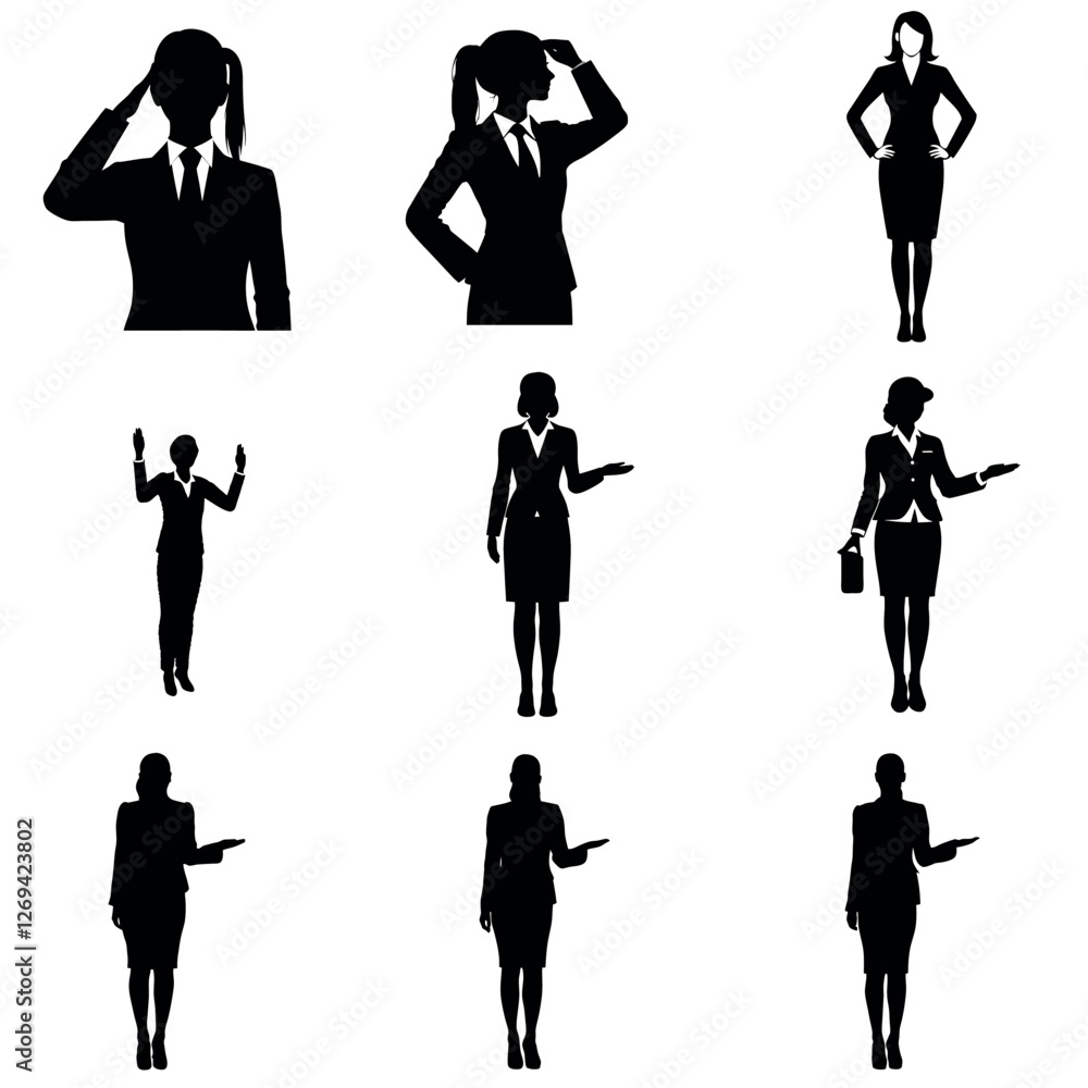 a set of business woman standing pose vector silhouette, isolated white background a set of business woman standing pose vector silhouette, isolated white background