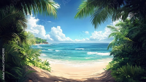 Tropical beach landscape with clear waters and lush greenery under a sunny sky