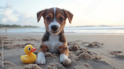 Puppy playing with a yellow rubber duck on the beach during a sunny day by th...