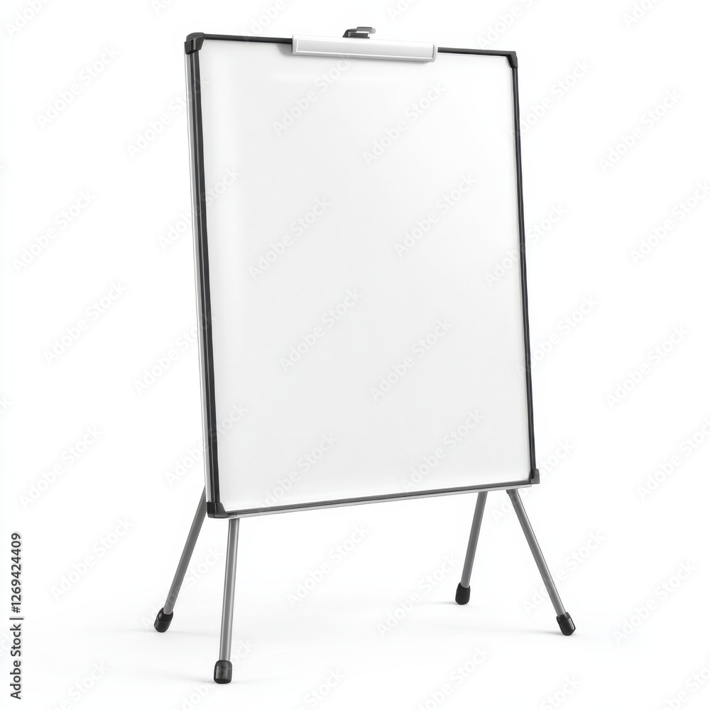 A blank flip chart easel on a white background, designed for presentations or brainstorming sessions, featuring a sturdy frame and a top clip for papers. A blank flip chart easel on a white background, designed for presentations or brainstorming sessions, featuring a sturdy frame and a top clip for papers.