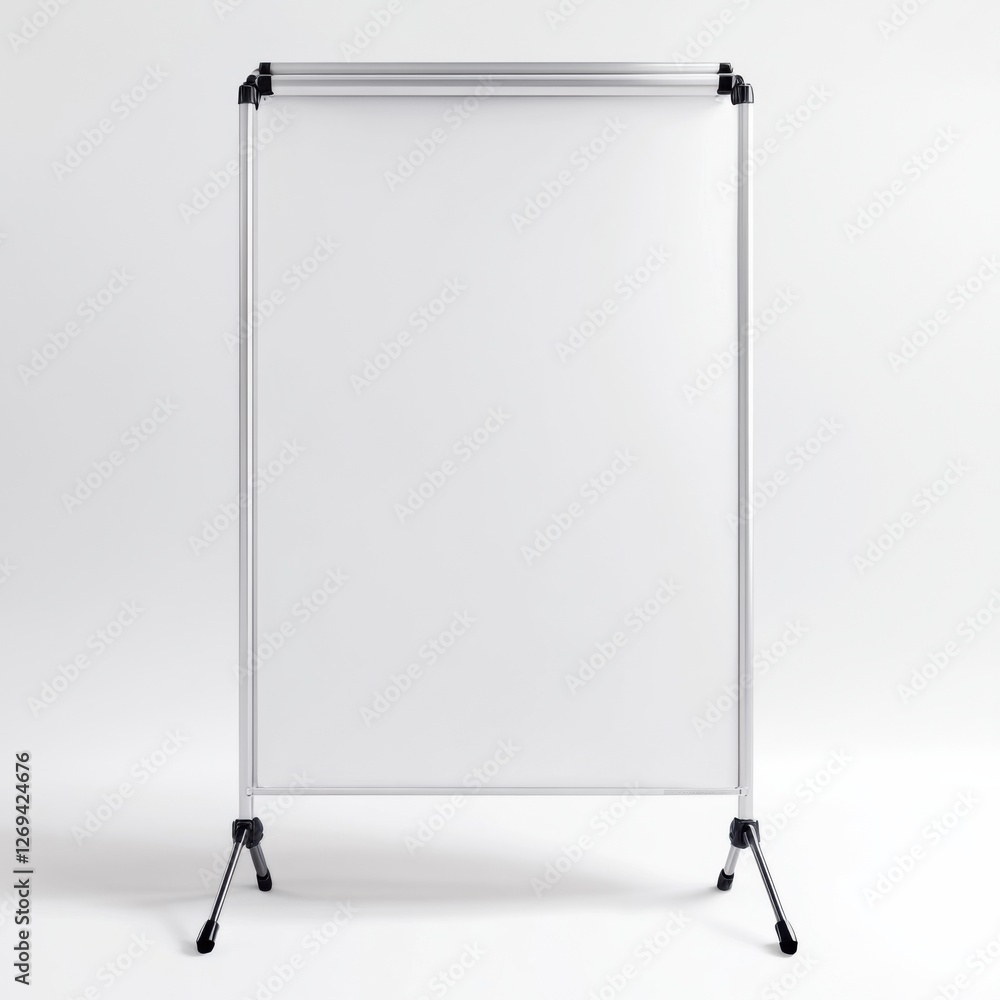 A blank flip chart stand with a metallic frame and adjustable legs, set against a white background, suitable for presentations and brainstorming sessions. A blank flip chart stand with a metallic frame and adjustable legs, set against a white background, suitable for presentations and brainstorming sessions.