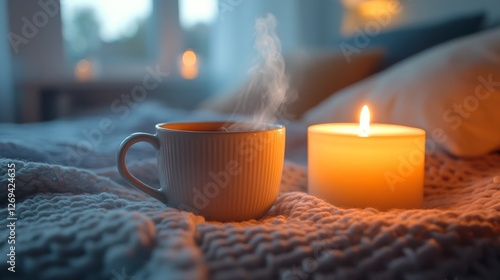 Cozy evening with a steaming cup and warm candlelight by the bedside