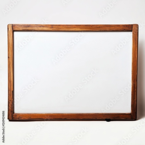A blank white board with a rustic wooden frame, positioned against a light background, ideal for presentations or artwork display.