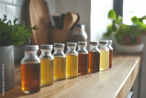 Variety of bottled oils displayed on a wooden counter in a bright kitchen set...