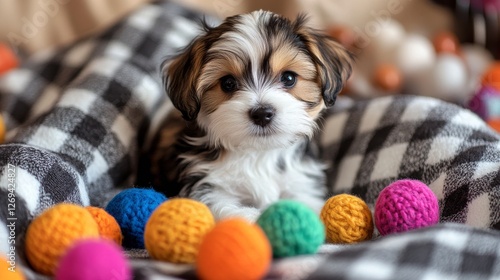 Playful puppy surrounded by colorful balls on a cozy blanket indoors