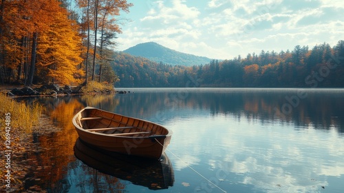 Lakeside autumn reflection with colorful trees and a canoe in serene environment