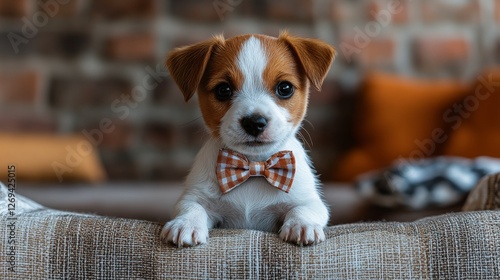 Small puppy wearing a bow tie sitting on a couch in a cozy living room settin...