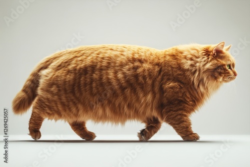 Fluffy Ginger Cat Walking Gracefully Across a Plain Background photo