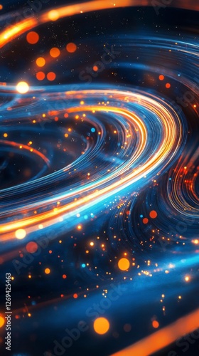 Colorful light trails create a vibrant swirl effect in a dynamic abstract com...
